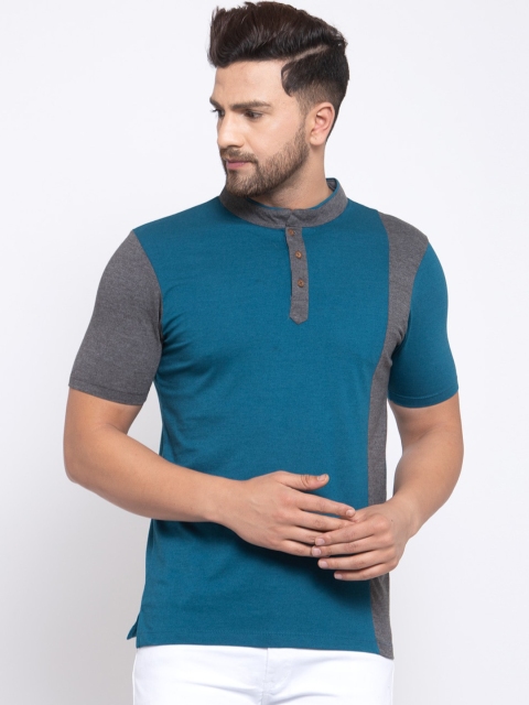 

Kalt Men Teal Blue & Grey Colourblocked Mandarin Collar T-shirt