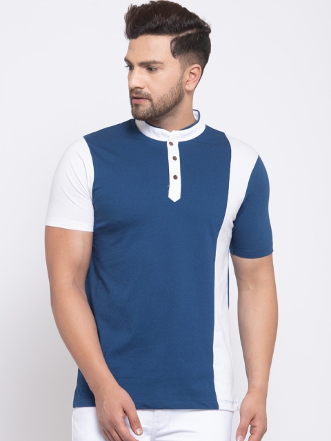 

Kalt Men White & Blue Colourblocked Henley Neck T-shirt