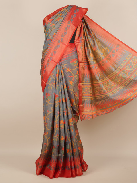 

Pothys Grey Printed Jute Silk Saree