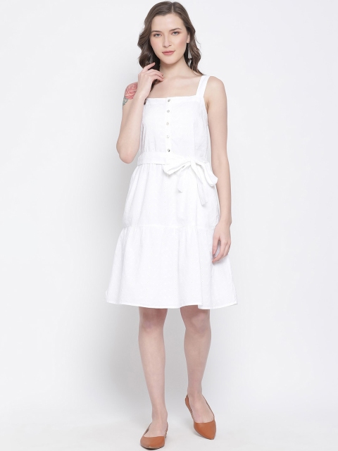 

Oxolloxo Women White Self Design Schiffli A-Line Dress