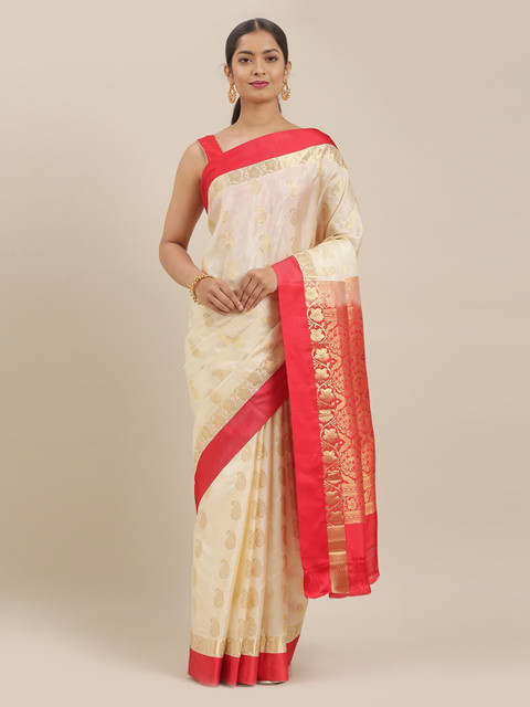 

The Chennai Silks Cream-Coloured & Red Pure Silk Woven Design Kanjeevaram Saree