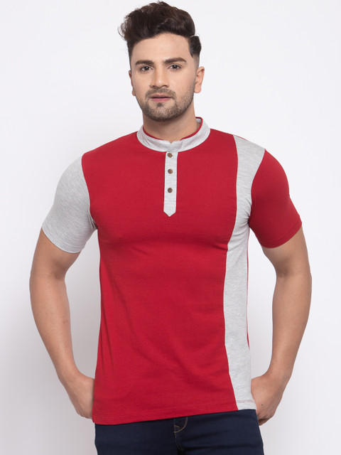 

Kalt Men Red Colourblocked Henley Neck T-shirt