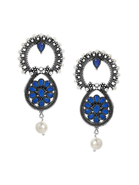 

Rubans Blue & Silver-Plated Oxidised Handcrafted Contemporary Drop Earrings