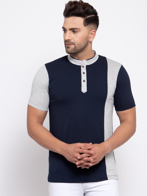 

Kalt Men Navy Blue & Grey Colourblocked Mandarin Collar T-shirt