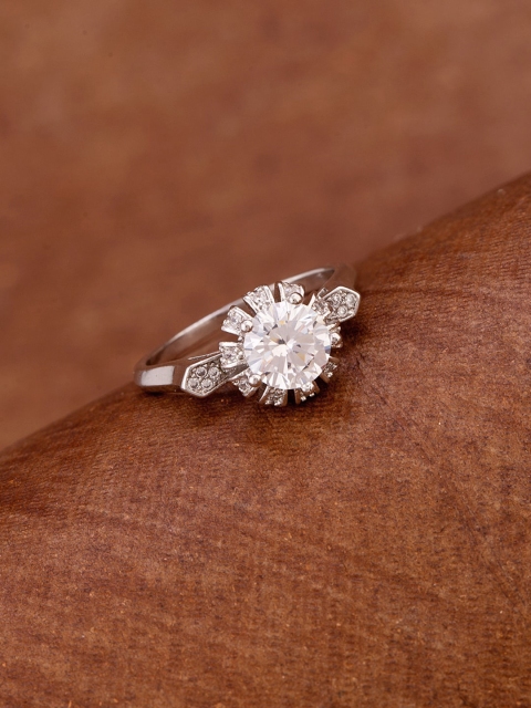 

Voylla Silver-Plated White CZ-Studded Floral Motif Finger Ring