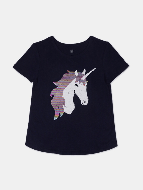 GAP Girls Navy Blue Self Design Flippy Sequin Round Neck T-shirt