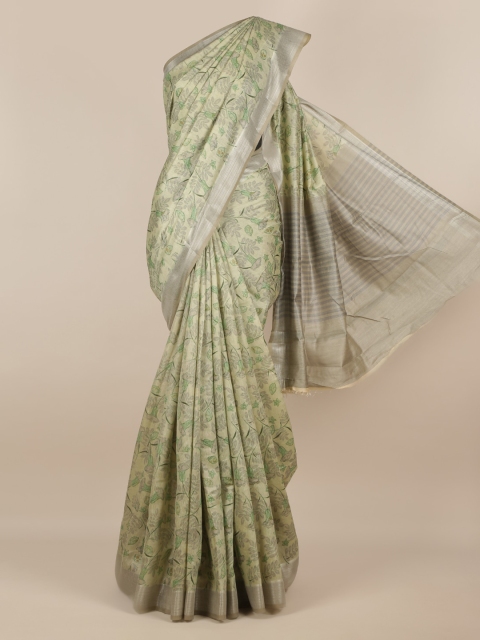 

Pothys Cream-Coloured & Green Linen Blend Printed Saree