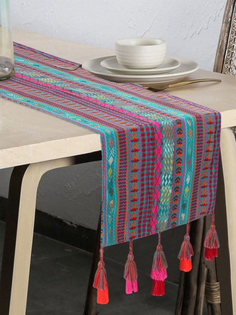 

Mezposh Turquoise Blue & Pink Embroidered 6 Seater Table Runner