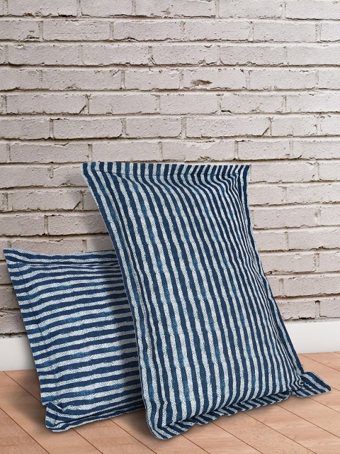 

Living scapes by Pantaloons Set Of 2 Blue & Off-White Striped Cotton 144 TC Pillow Covers