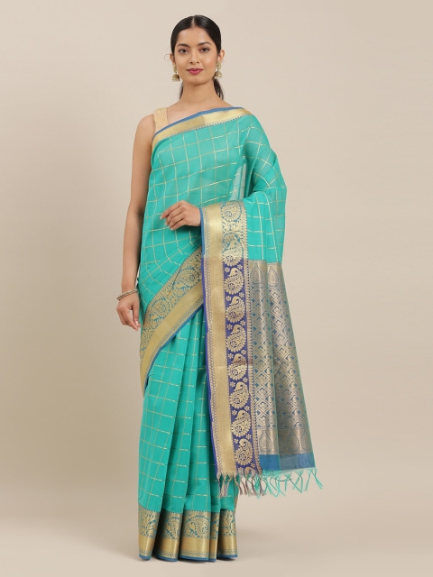 

The Chennai Silks Green & Gold-Toned Silk Cotton Checked Maheshwari Saree