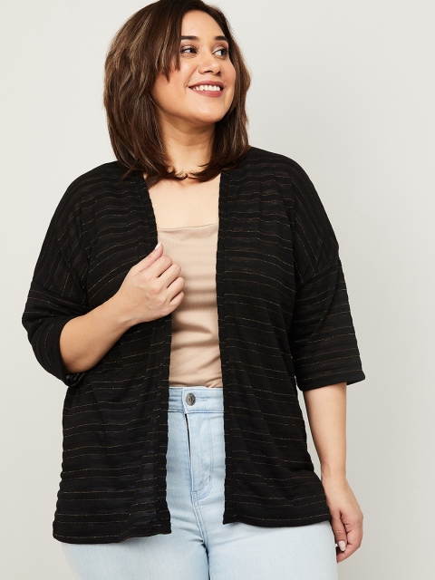 

nexus Women Black & Gold-Toned Striped Open Front Shrug