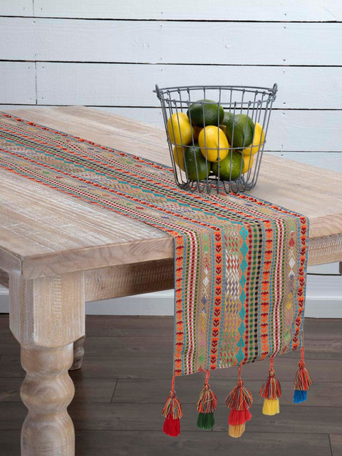

Mezposh Beige & Red Embroidered 6-Seater Table Runner
