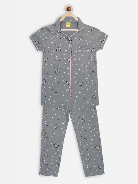 

Punkster Girls Grey & Black Printed Cotton Night suit