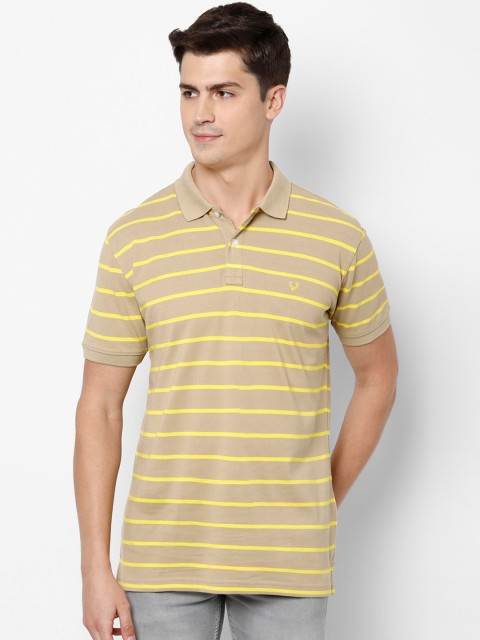

Allen Solly Men Beige Yellow Striped Polo Collar Pure Cotton T-shirt