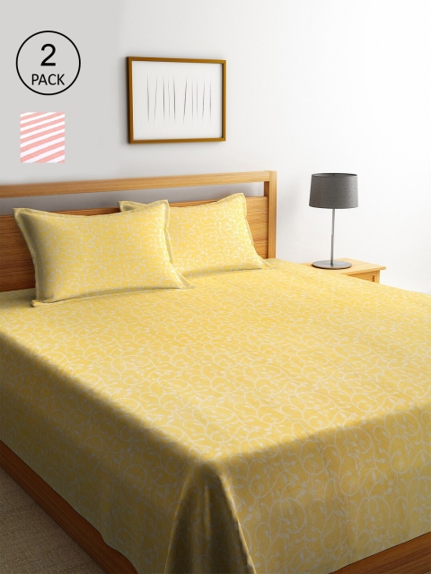 

KLOTTHE Set Of 2 Striped Double Bed Covers With 4 Pillow Covers, Yellow