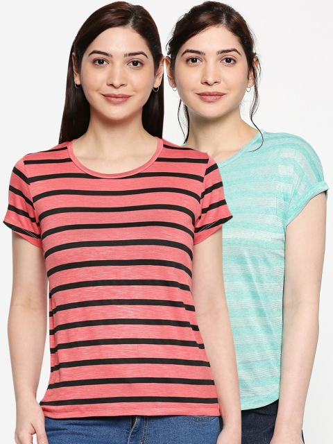 

inocenCia Women Pack Of 2 Striped Round Neck T-shirt, Coral