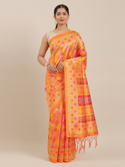 

The Chennai Silks Orange Printed Polyester Saree With Tasseled Pallu