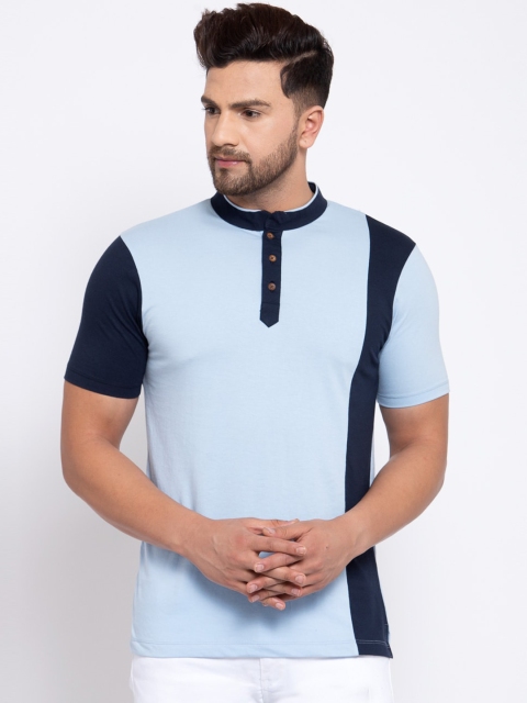 

Kalt Men Navy Blue Colourblocked Mandarin Collar T-shirt