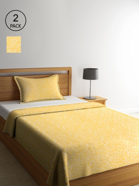 

KLOTTHE Set of 2 Yellow & White Floral Single Bed Covers With 2 Pillow Covers