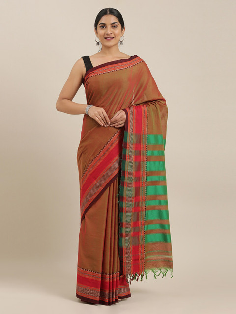 

The Chennai Silks Brown Cotton Blend Solid Narayan Peth Saree
