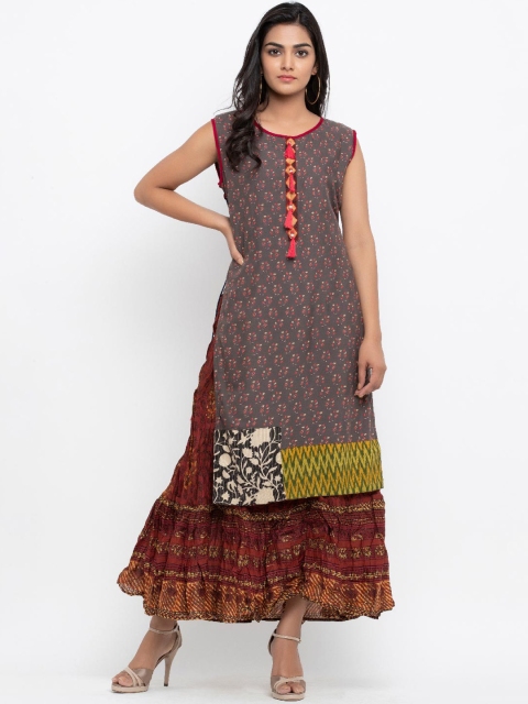 

Tistabene Women Grey & Maroon Floral Printed Kurta
