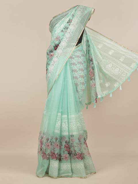 

Pothys Green & Pink Tissue Embroidered Saree