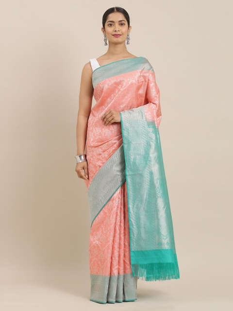 

The Chennai Silks Peach-Coloured & Turquoise Blue Pure Silk Woven Design Kanjeevaram Saree