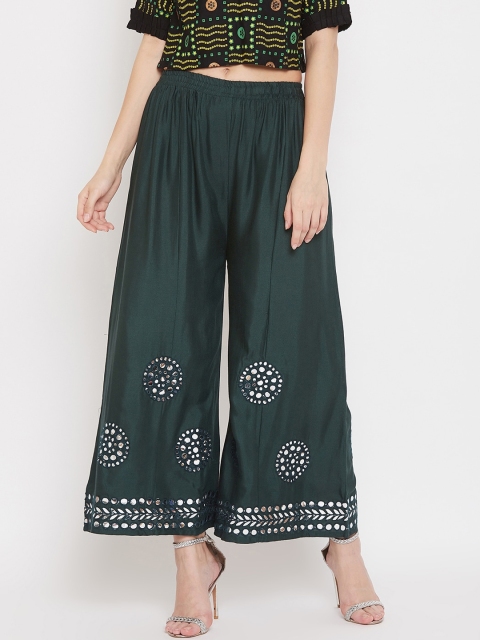 

Clora Creation Women Green & Silver-Toned Hem Design Wide Leg Palazzos