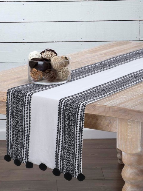 

Mezposh Black & White Striped 6 Seater Table Runner With Pom Poms