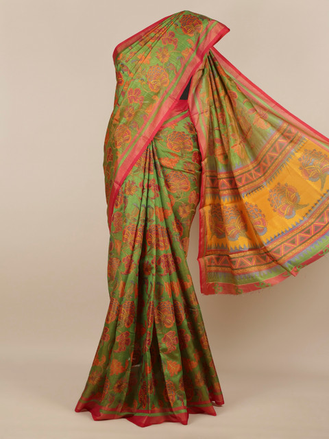 

Pothys Green Floral Printed Jute Silk Saree