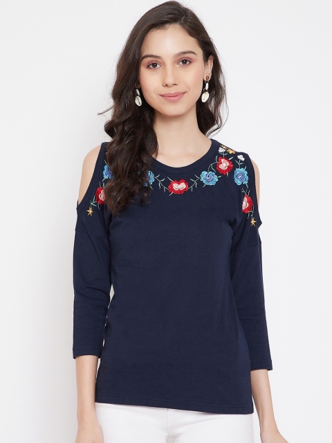 

Hypernation Navy Blue Floral Embroidered Cold-Shoulder Sleeves Pure Cotton Top