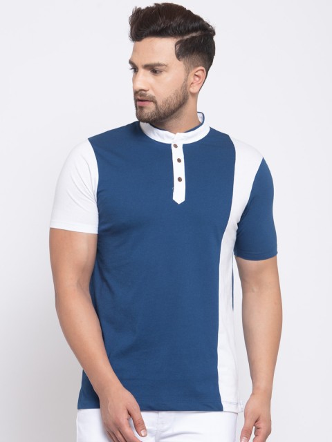 

Kalt Men Blue & White Colourblocked Mandarin Collar T-shirt