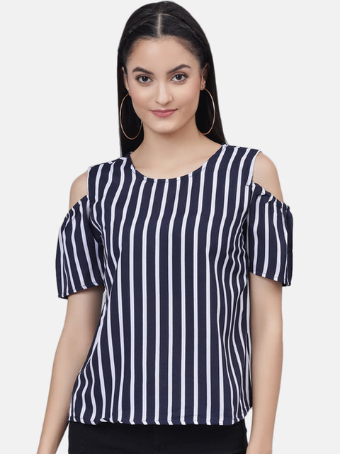 

Fashitale Blue & White Striped Crepe Regular Top