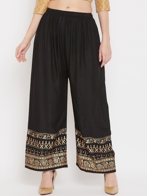 

Clora Creation Women Black & Gold-Toned Hem Design Straight Palazzos