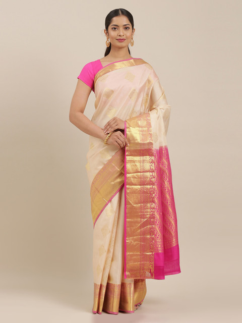 

The Chennai Silks Cream-Coloured Pure Silk Woven Design Kanjeevaram Saree