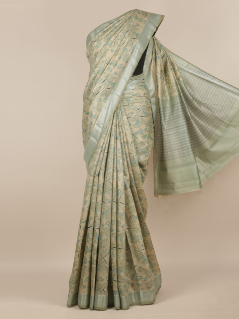 

Pothys Cream-Coloured & Green Linen Blend Printed Saree