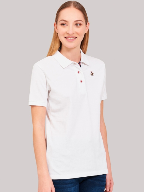 

Beverly Hills Polo Club Women White & Red Striped Polo Collar T-shirt