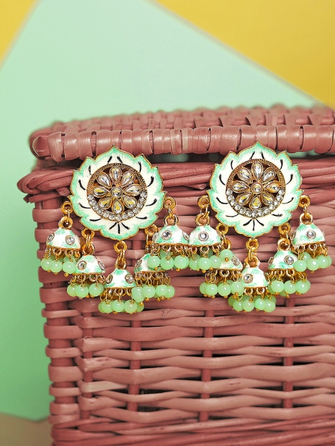 

Yellow Chimes Gold-Plated Green Meenakari Contemporary Jhumkas