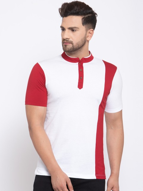 

Kalt Men Red & White Colourblocked Mandarin Collar T-shirt