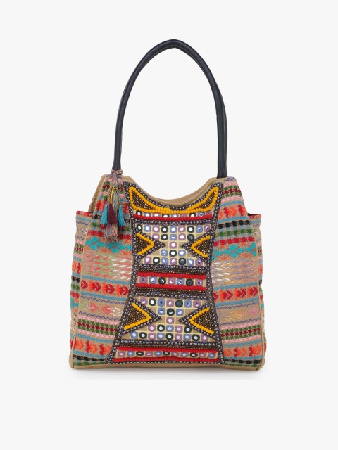 

Anekaant Beige & Red Embellished Handheld Bag
