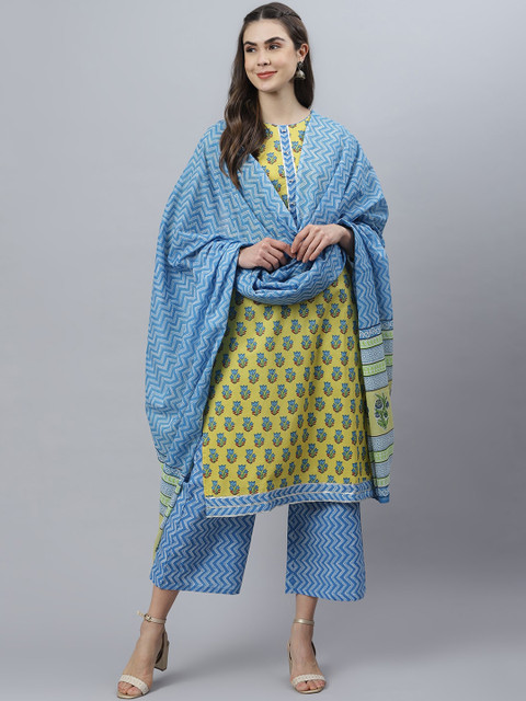 

QOMN Women Yellow Printed Kurta with Palazzos & Dupatta