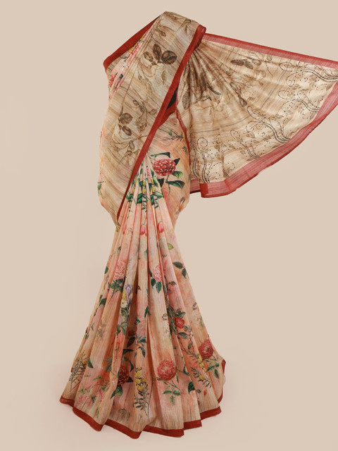 

Pothys Beige & Green Linen Blend Woven Design Saree