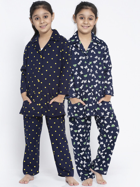 

Baani Creations Girls Pack Of 2 Navy Blue & Yellow Printed Night suit