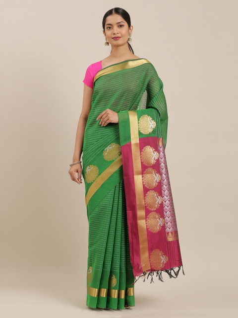 

The Chennai Silks Green & Gold-Toned Silk Cotton Striped Maheshwari Saree