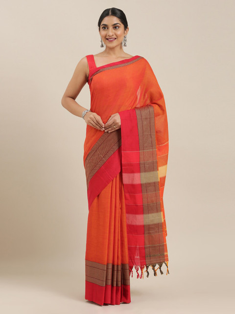 

The Chennai Silks Rust Cotton Blend Solid Narayan Peth Saree