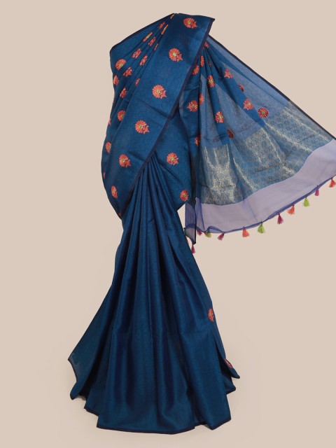 

Pothys Teal Green & Orange Cotton Blend Embroidered Saree
