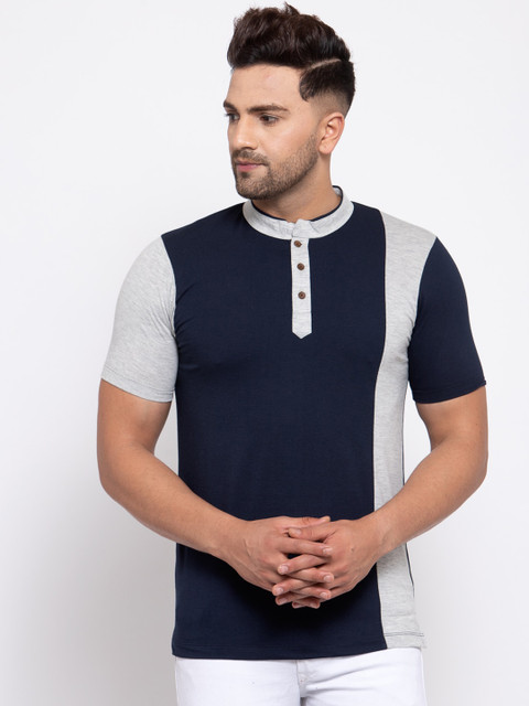 

Kalt Men Navy Blue Colourblocked Mandarin Collar T-shirt