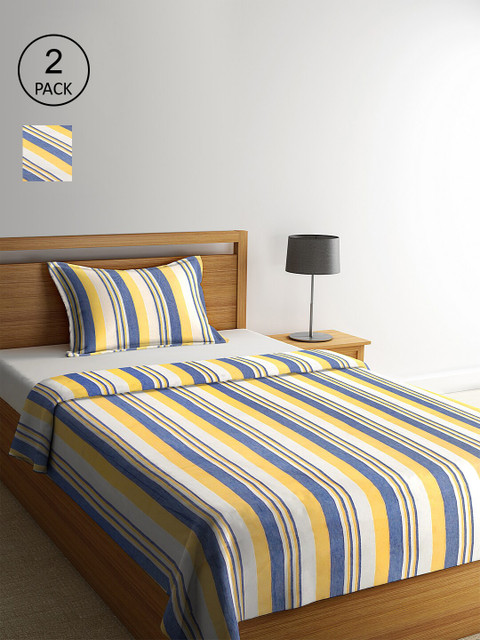 

KLOTTHE Set Of 2 Yellow & Blue Striped Single Bed Covers With 2 Pillow Covers
