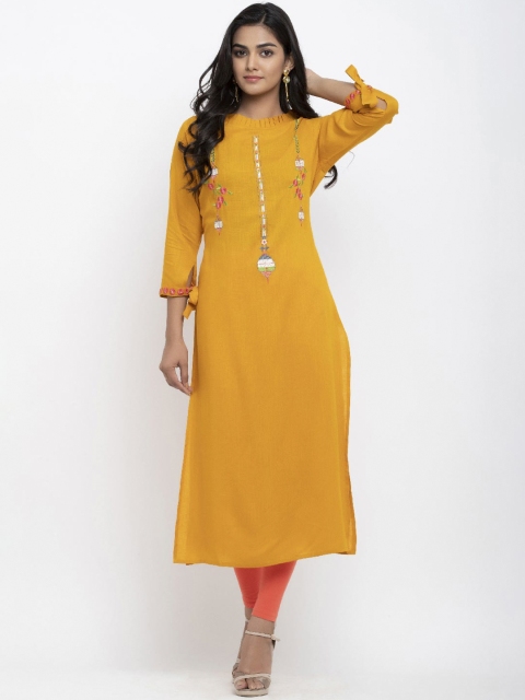 

Tistabene Women Mustard Yellow Floral Embroidered Thread Work Kurta