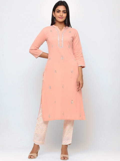 

TARA-C-TARA Women Peach-Coloured Embroidered STraight Kurta